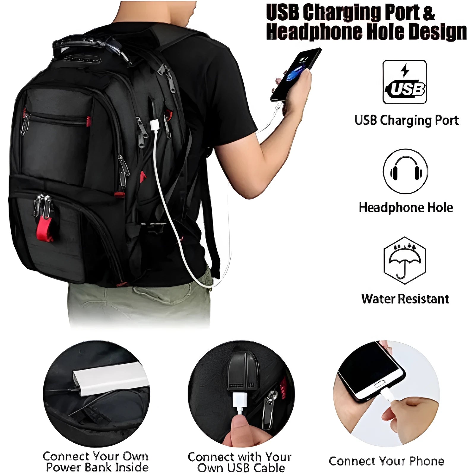 Large black USB charging backpack with curved shoulder straps and waterproof Oxford cloth material
