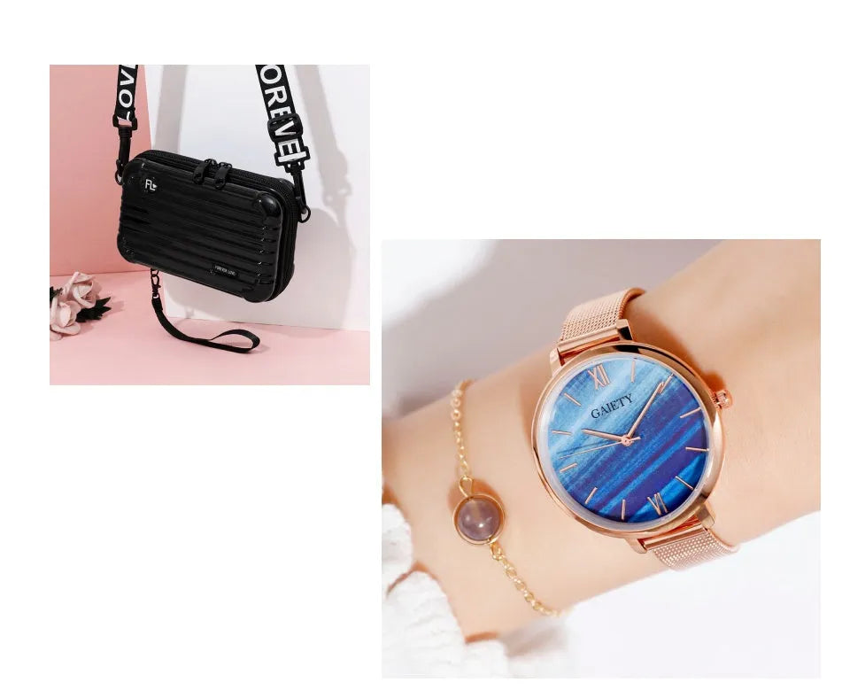 Mini suitcase mobile phone bag in horizontal square shape with single strap, zip closure, PVC outer and polyester lining.