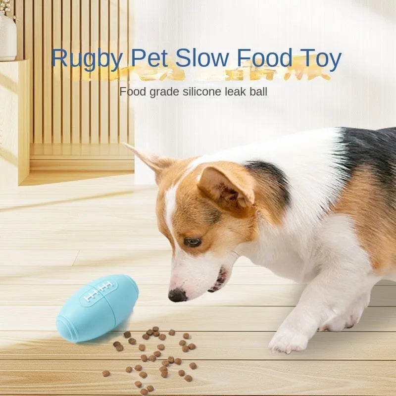 Blue silicone rugby ball dog chew toy with food dispensing holes