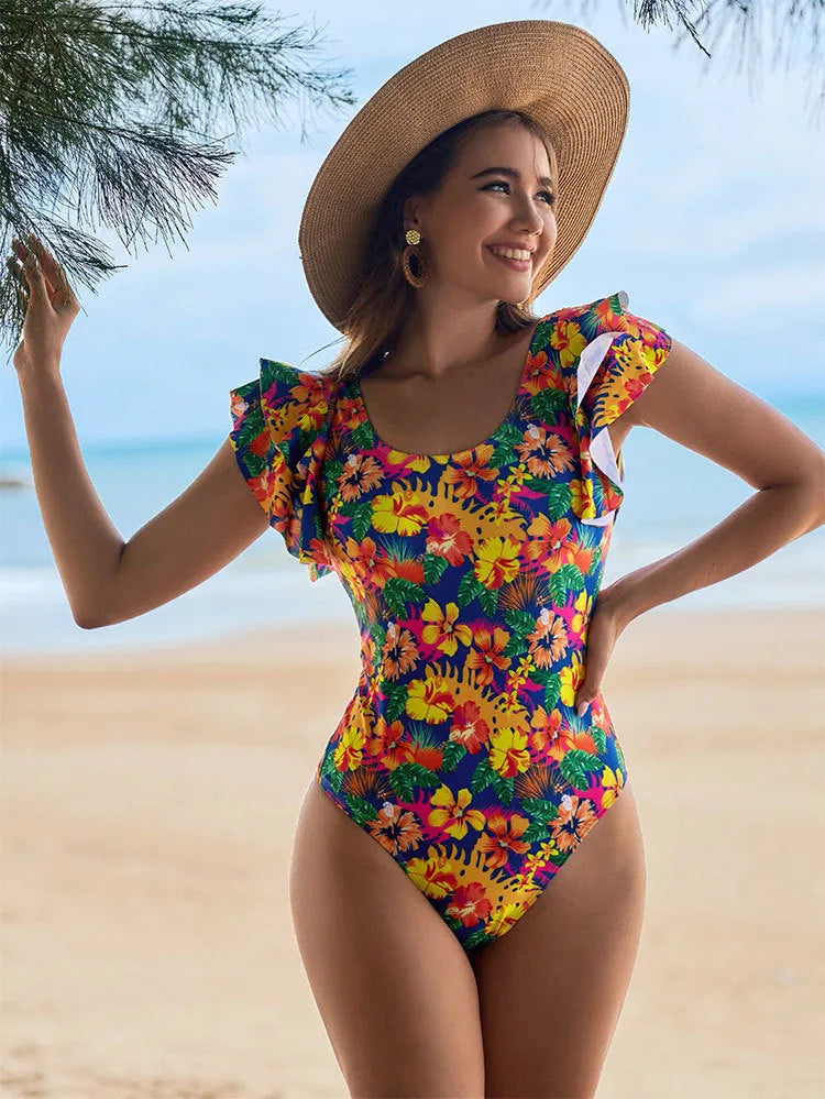 Women's one-piece swimsuit with U-shaped neckline and lace detailing, sleeveless design in polyester fabric.