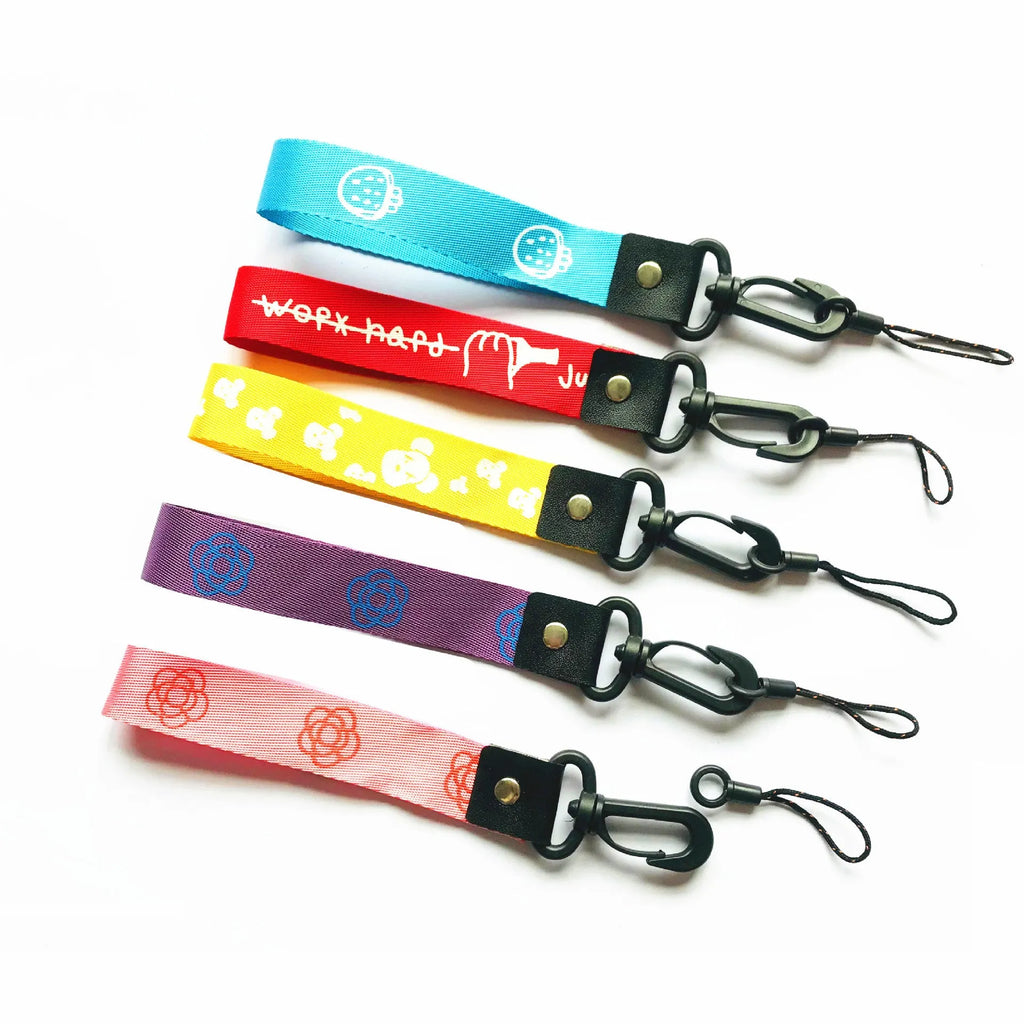 Short 25cm wide polyester mobile phone lanyard with 2-in-1 hooks in multi-colour mix