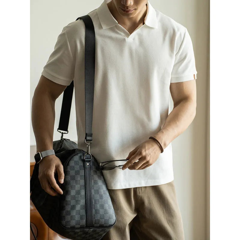 American-style cotton polyester short sleeve polo shirt in blue, black and white colours