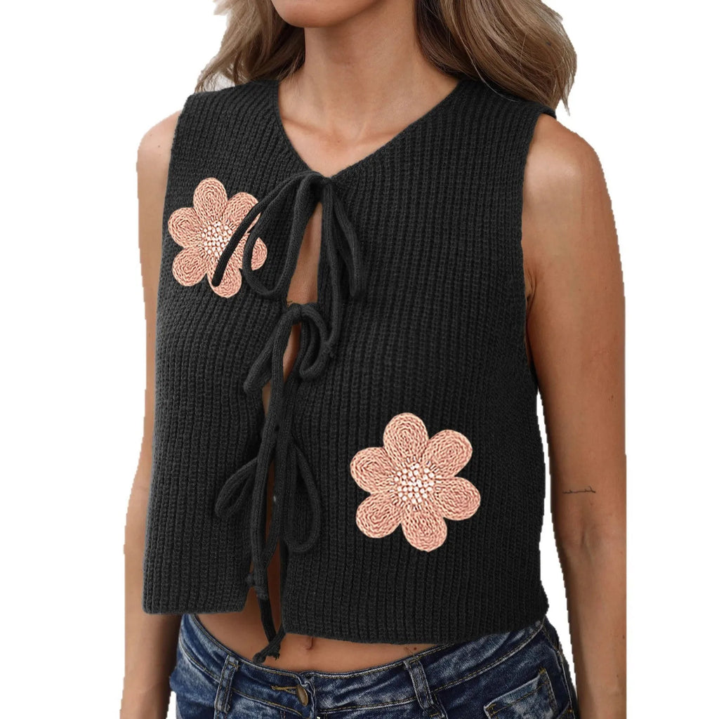 Ladies' lace-up cardigan vest with bow straps in deer plush fabric, short 40cm length