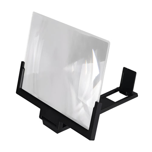 Black adjustable mobile phone stand with magnification lens holding smartphone