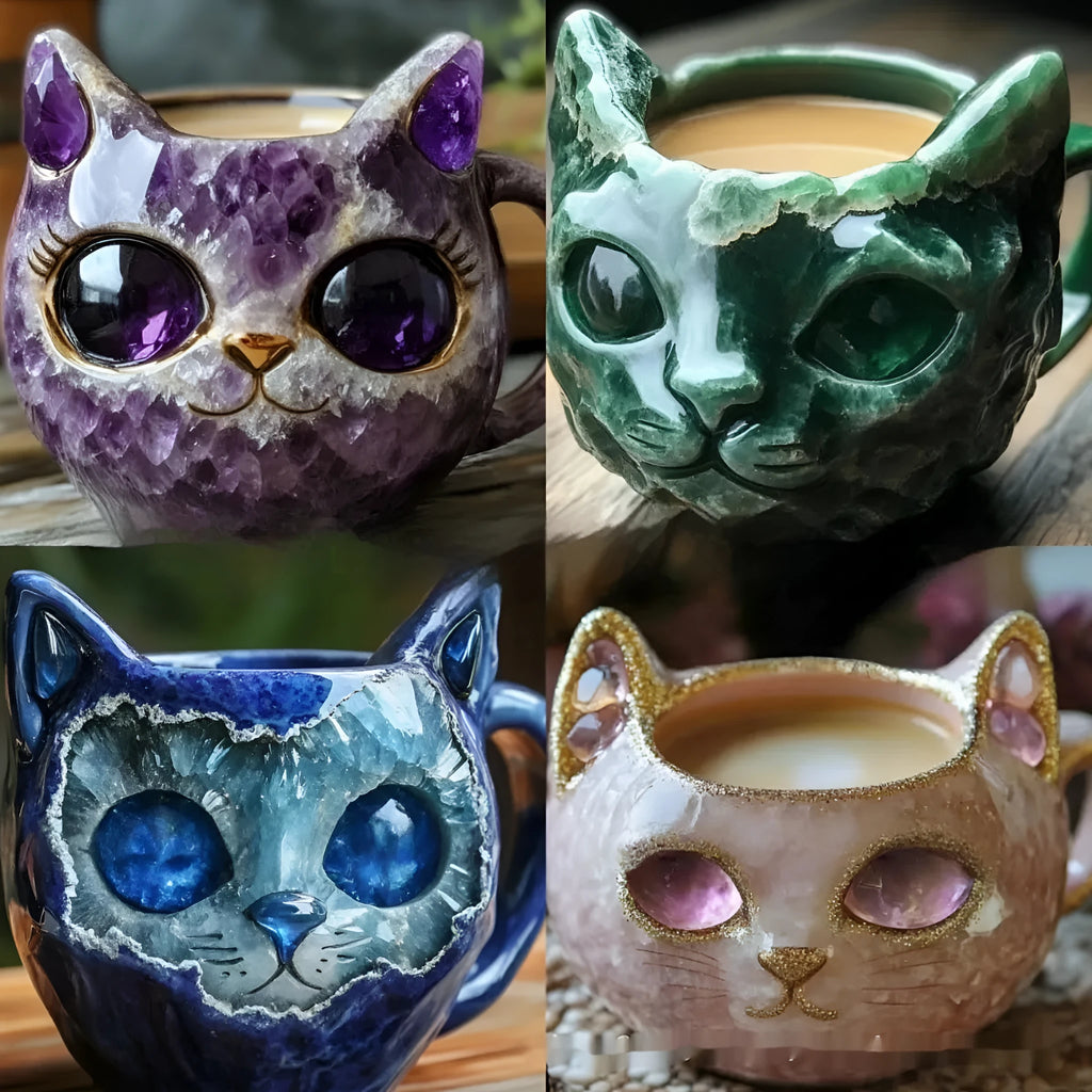 Purple handmade geode crystal cat-shaped resin mug on a wooden surface.