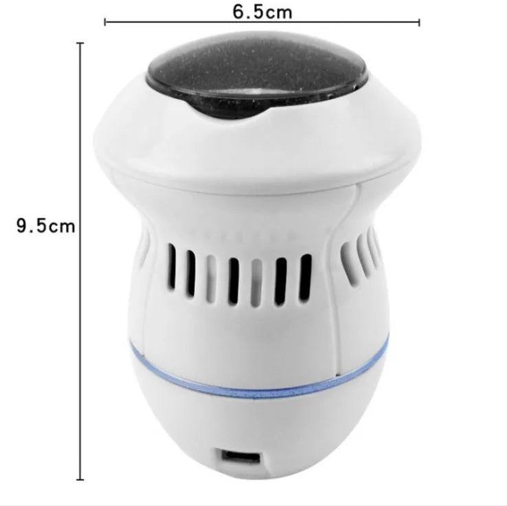Beige and white electric foot file grinder with USB cable, two grinding heads, and cleaning brush