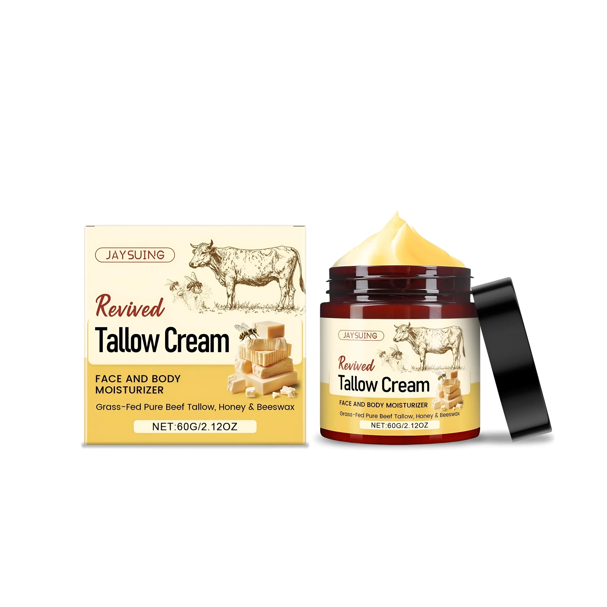 60g jar of tallow moisturising cream with honey and olive oil ingredients