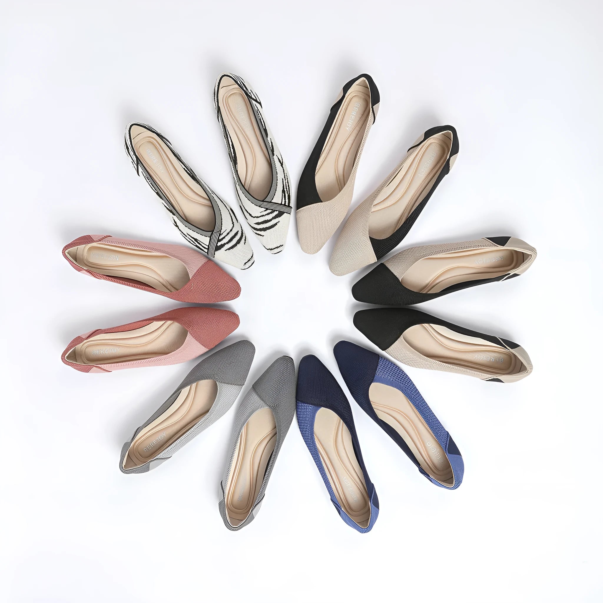 Women's Flyknit flat shoes in woven knitted design with soft sole, shown in multiple colour options
