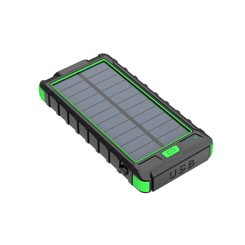 Solar wireless power bank, 20000 mAh, PD fast charging, alloy shell, 138 x 76 x 19 mm, in black, blue, green, or yellow.