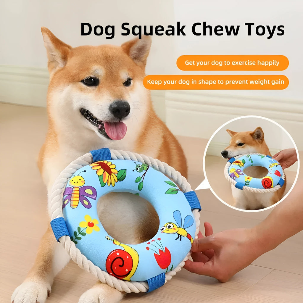 Yellow fish design floating dog pull ring squeaky toy measuring 25cm for chew and fetch games
