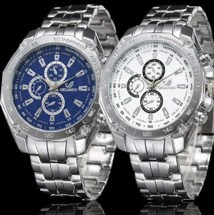 Silver stainless steel men's sport watch with pointer display, 4cm dial, black face on steel strap