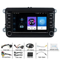 Volkswagen car dashboard with 7-inch Android touchscreen head unit showing navigation map.