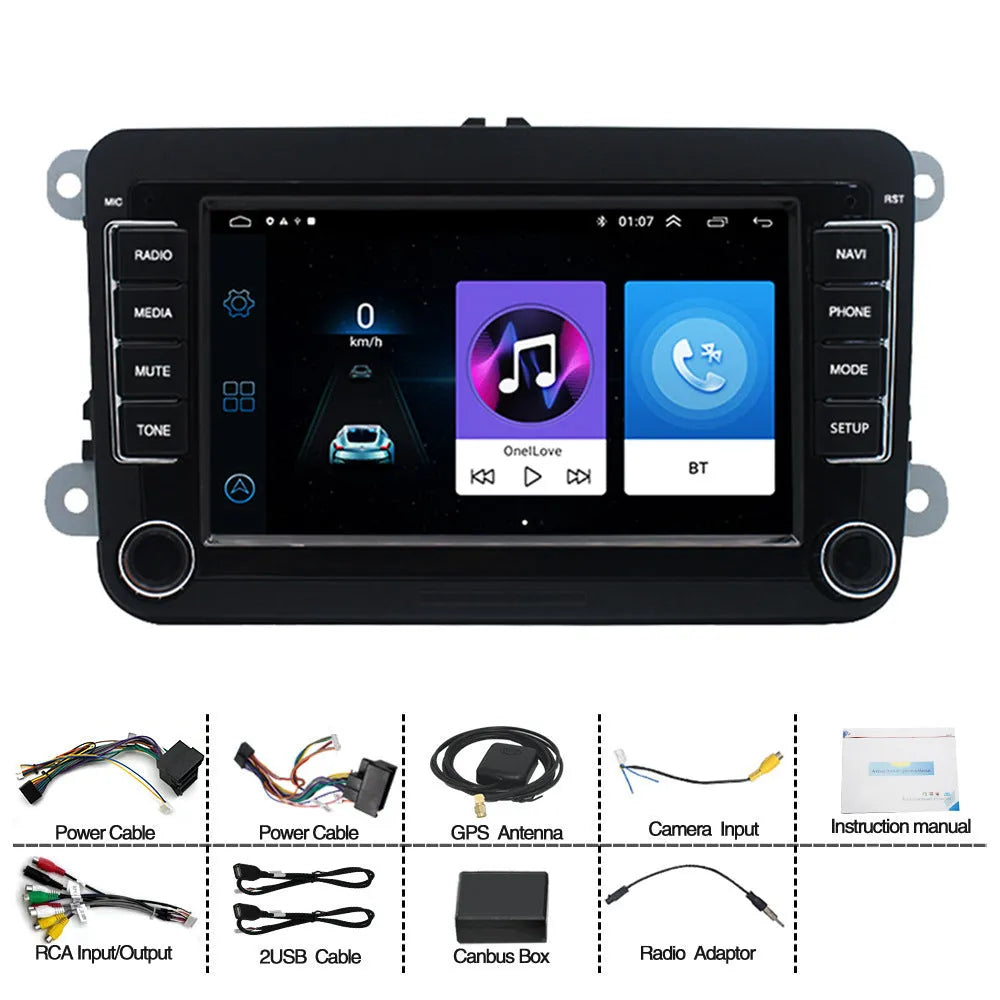 Volkswagen car dashboard with 7-inch Android touchscreen head unit showing navigation map.