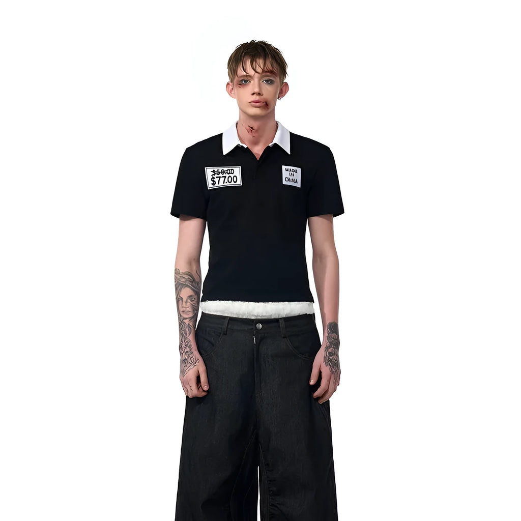 Black slim fit men's short sleeve polo shirt with embroidery detail on the front.