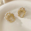 Women's gold flower basket earrings with pearl inlay on small rice-shaped beads
