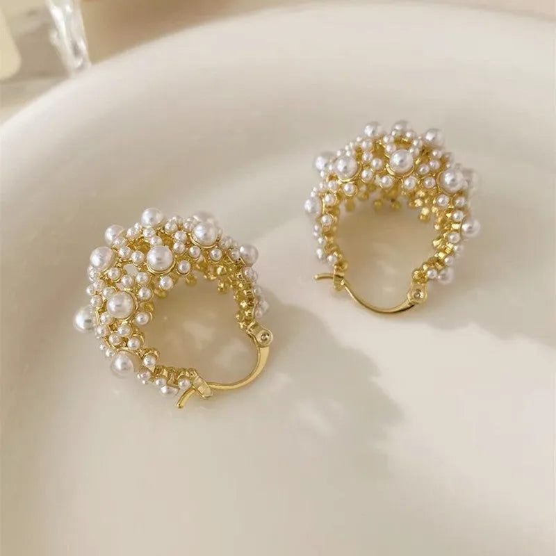 Women's gold flower basket earrings with pearl inlay on small rice-shaped beads