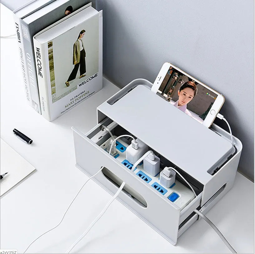 Gray and white plastic wireless router storage box for concealing network equipment and cables