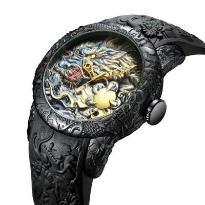 Dragon pattern mechanical watch with black rubber band, 50mm case, and gold accents, available in multiple colours.