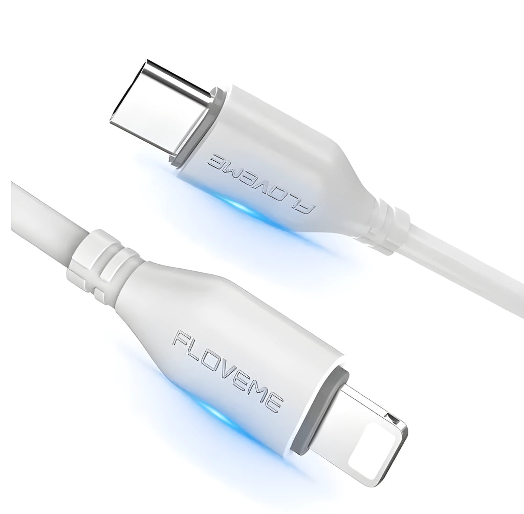 White nylon-braided USB-C to Lightning charging cable for iPhone, 1 metre long