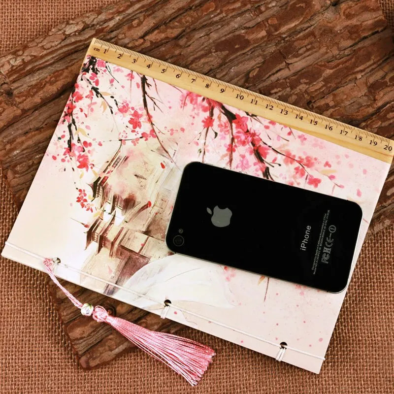 Retro Chinese style line-bound notebook with watercolour Azalea cover showing flat-open binding