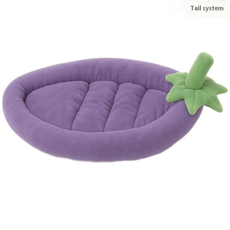 Removable washable dog bed mat in cloth fabric, shown in purple colour on a wooden floor.