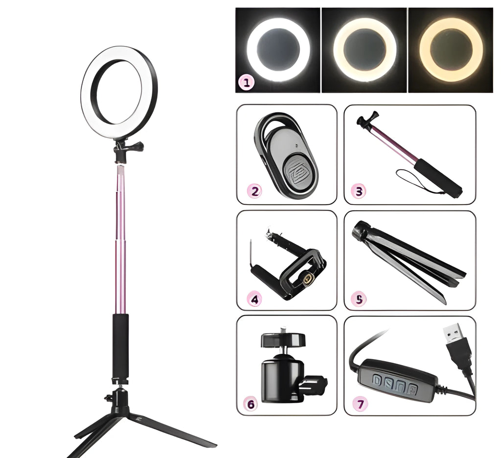 Self-Made Fill Light Artifact 5W LED ring light 20cm black with tripod and phone clip on desk