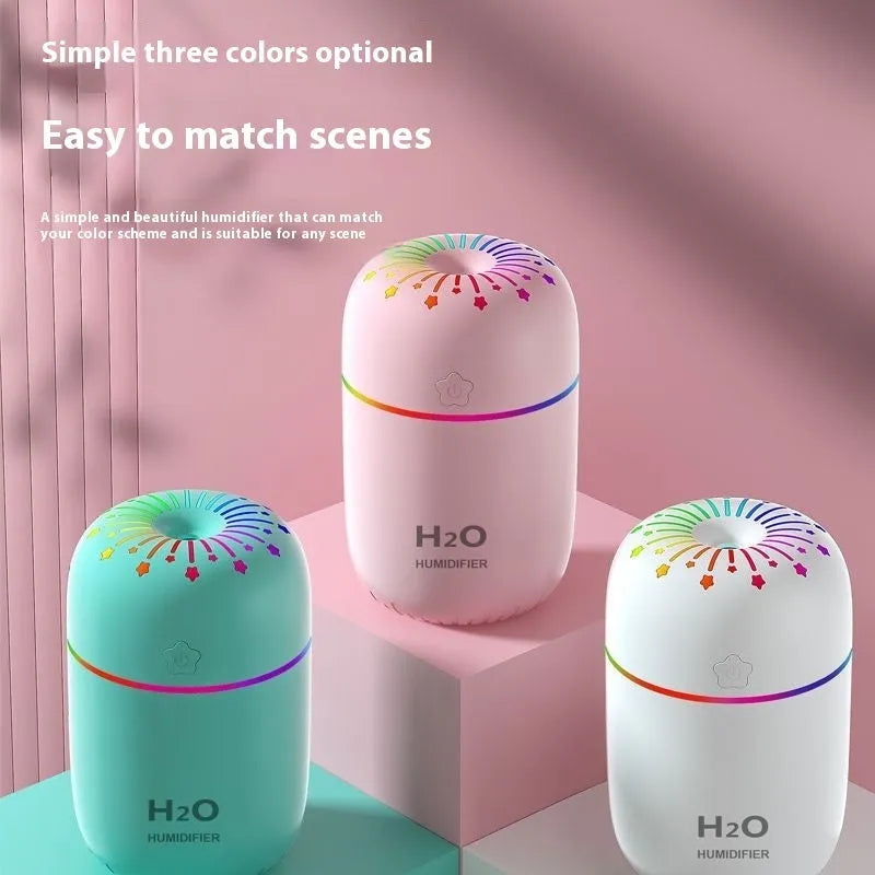 White USB mini humidifier with 300ml water tank on desk beside laptop