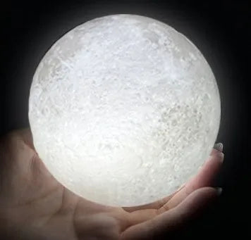 3D printed moon lamp showing detailed lunar surface with wood holder and touch control ring