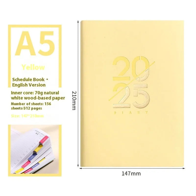 2025 A5 daily planner with soft faux leather cover in multiple colour options showing open pages