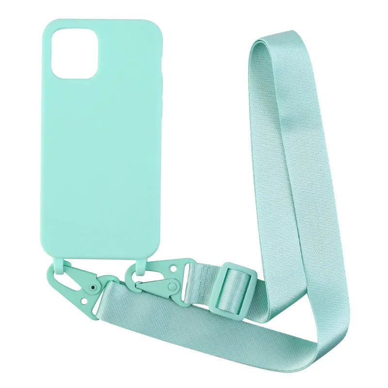 Buckle ribbon lanyard TPU phone case for Samsung models in black with ribbon attachment