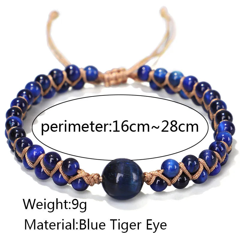 Handwoven geometric bracelet made from blue Tigereye stone beads with a slip-on closure.