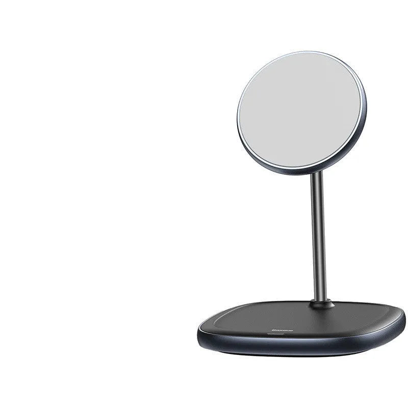 Black magnetic wireless charging stand for Apple iPhone 12 series on desktop
