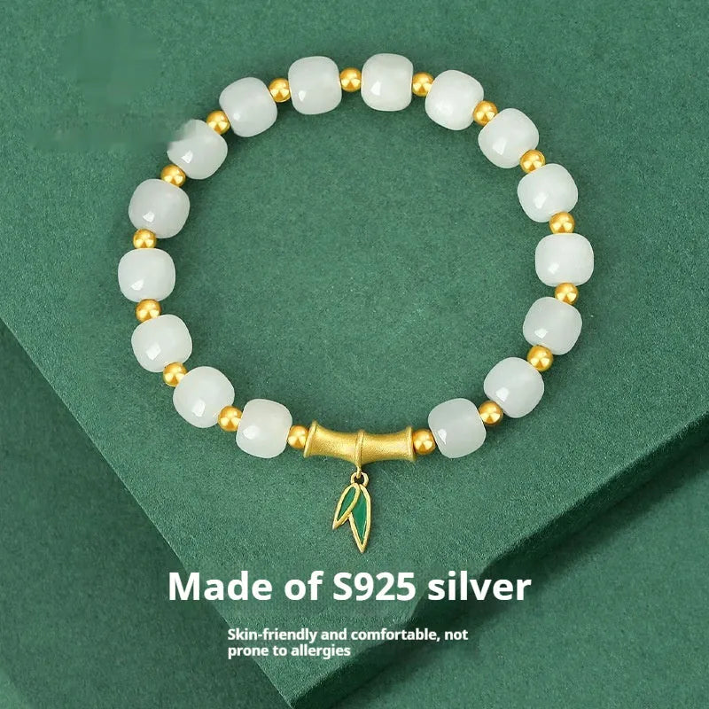 Women's S925 sterling silver Hetian jade bracelet with bamboo leaf design and gold finish