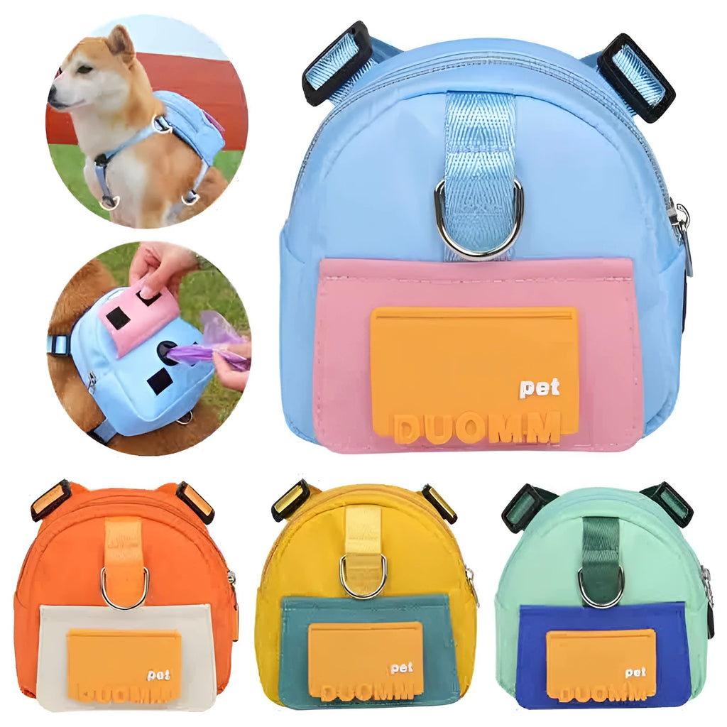 Blue adjustable dog harness backpack with breathable mesh panels and a tow rope attached.