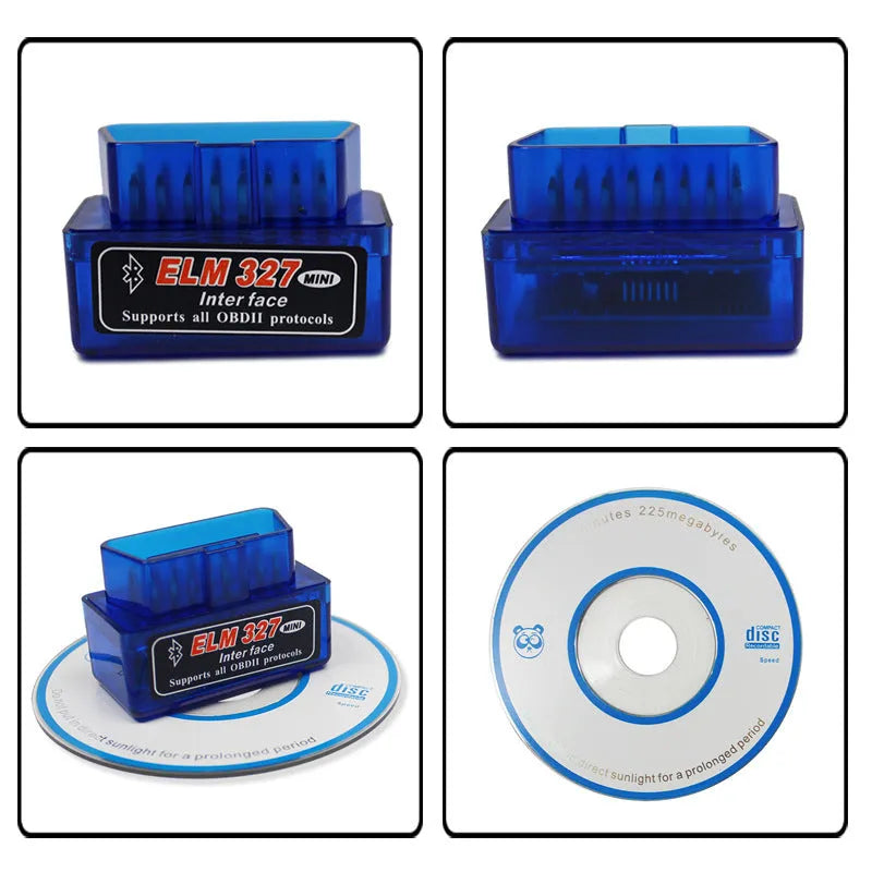 Small black ELM327 OBD2 Bluetooth car diagnostic scanner plugged into a vehicle port.