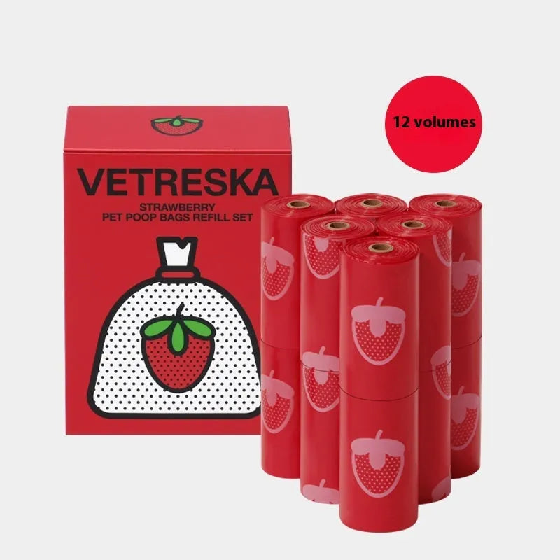 Thickened plastic dog poop bag dispenser capsule in strawberry, orange, and cherry blossom colours with roll of scented bags.