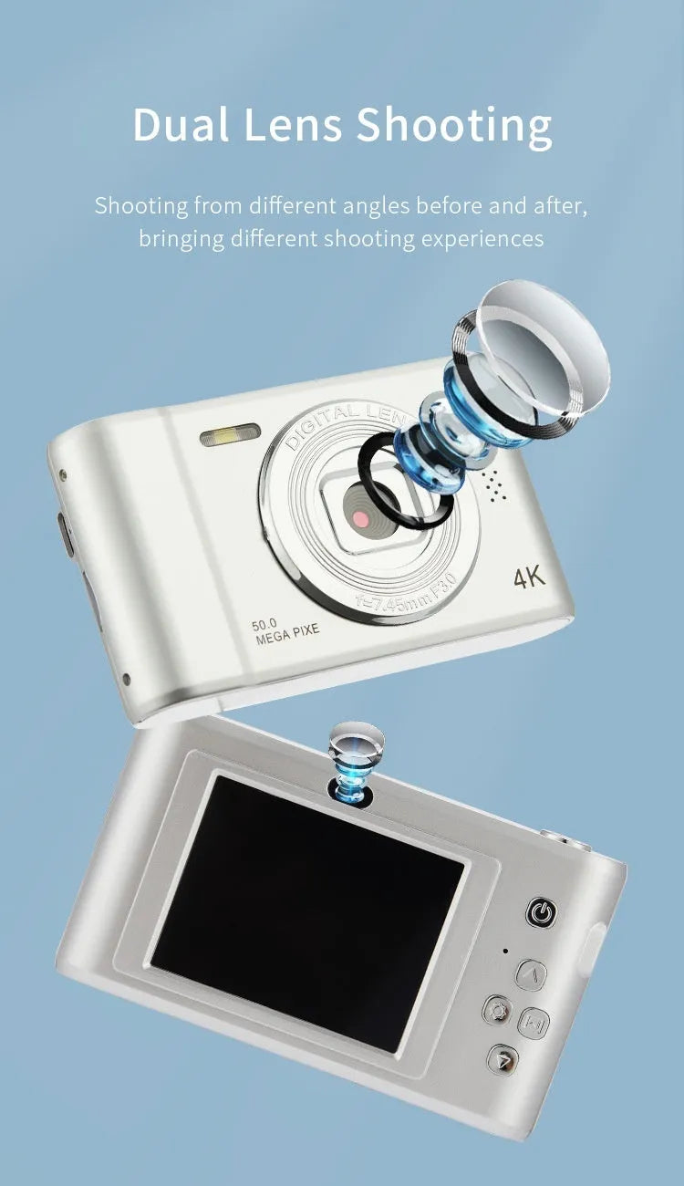 Retro digital selfie camera with 48 million pixels and 4K, ABS body, available in black, silver, ivory white, or pink.