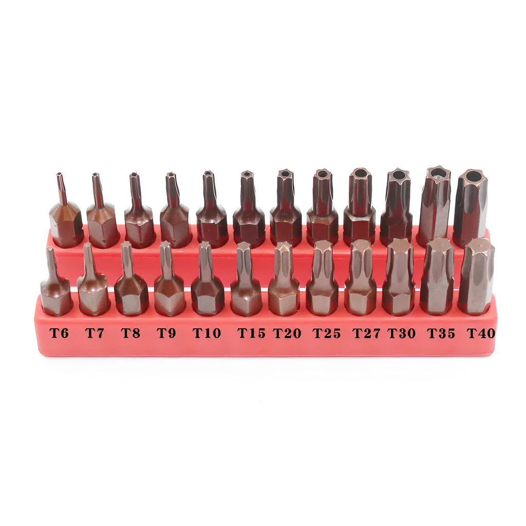 Set of black hex screwdriver bits showing T6 to T40 sizes, magnetic tip, and hollow/solid shank options.