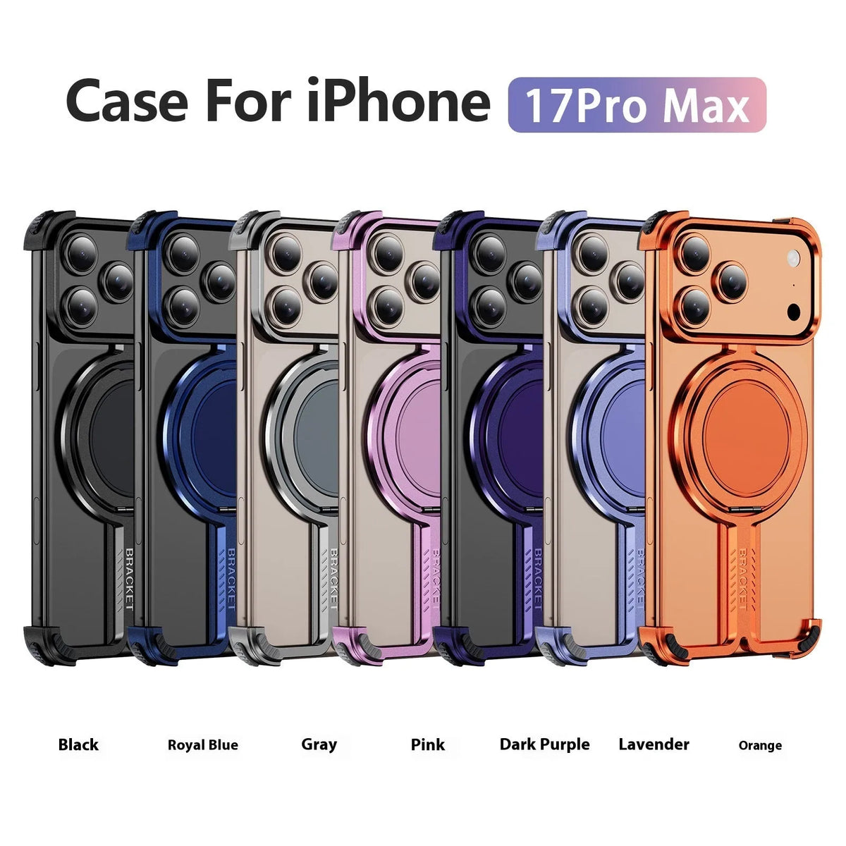 Titanium alloy bone sensing bracket frameless phone case for iPhone 17 series in black, sapphire blue, orange, and grey.