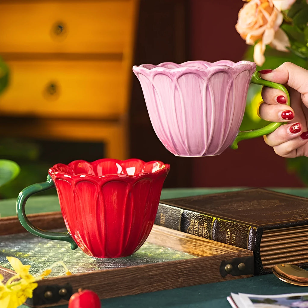 Ceramic breakfast cup with pastoral pattern, showing red and purple colour options.