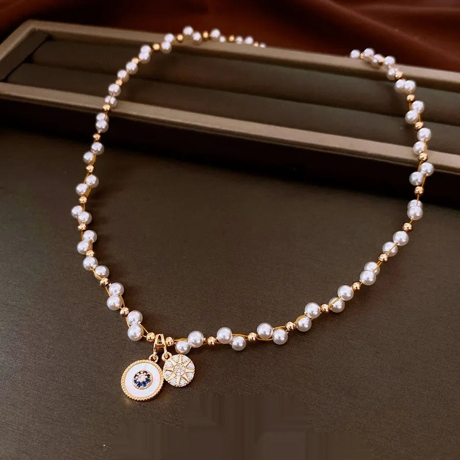 Gold electroplated women's necklace with zircon stones and round imitation pearl pendant on adjustable 41-50cm chain