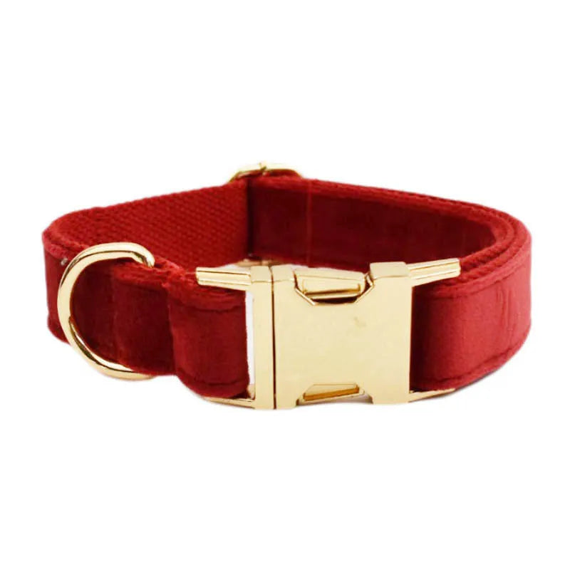 Cloth dog collar and leash set with matching vest, bow tie, and waste bag in multiple sizes