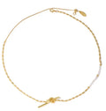 Gold electroplated natural real pearl necklace with copper geometric pendant and ring-line design on white background