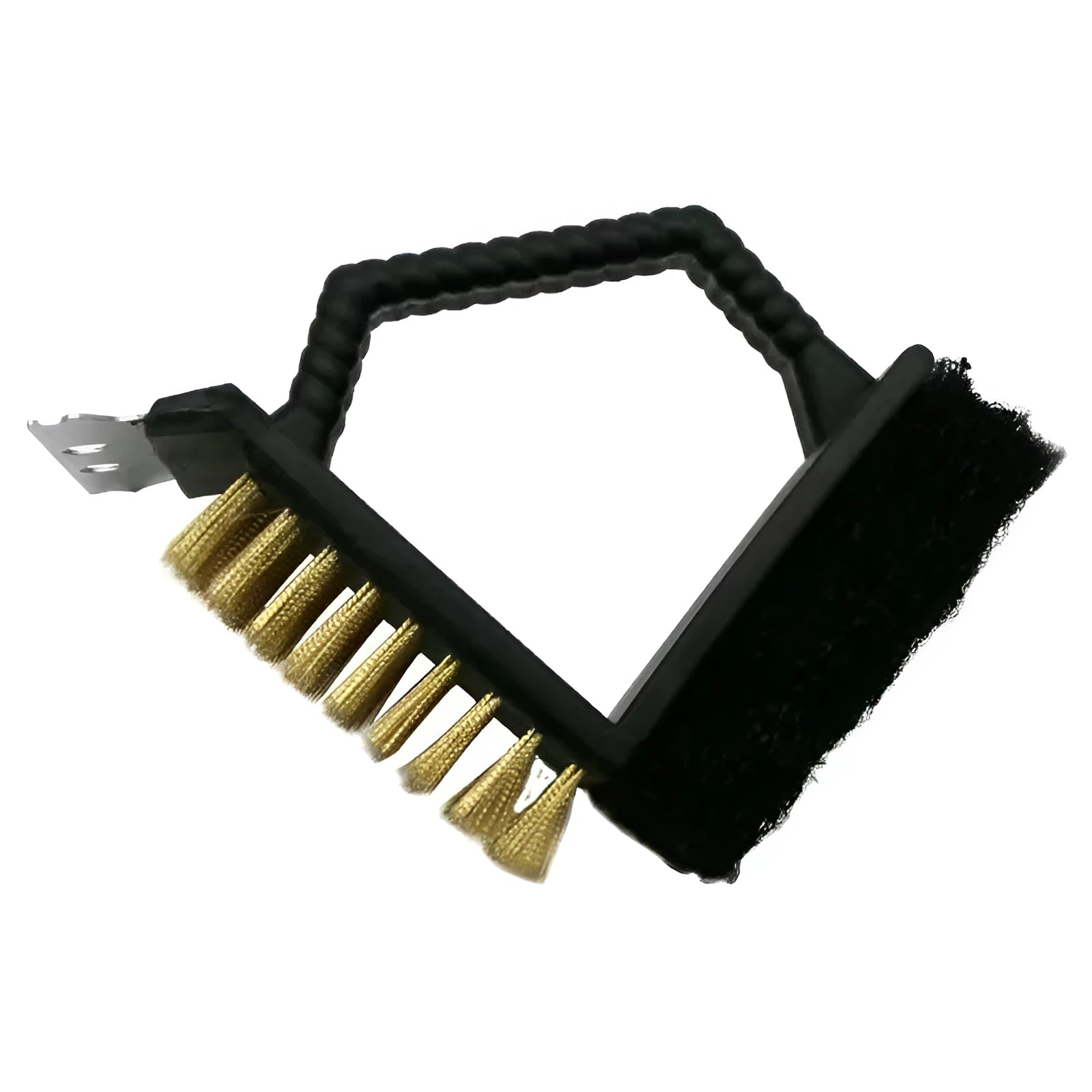 Triangular stainless steel barbecue cleaning brush with a PP plastic handle.