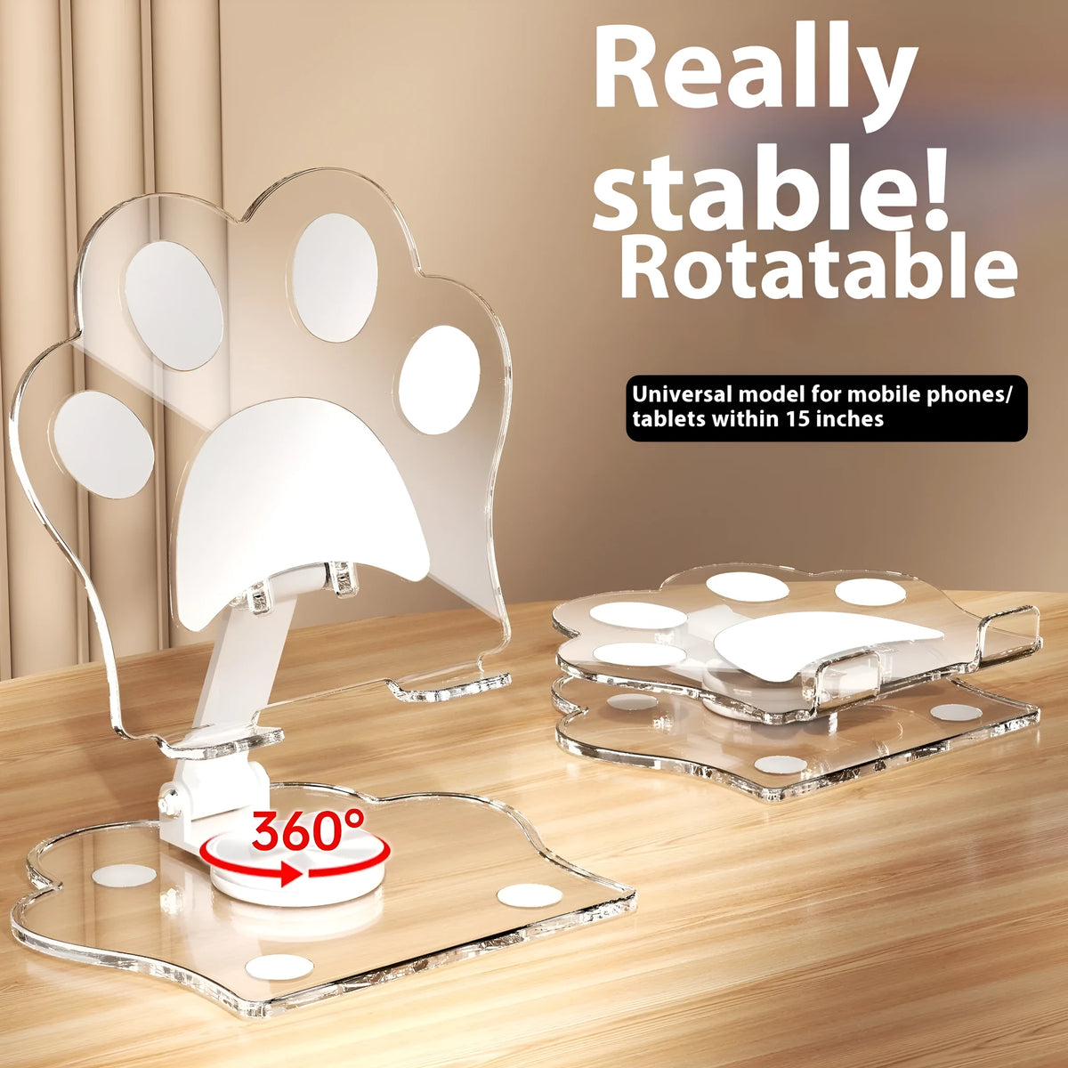 Acrylic rotating mobile phone stand in transparent acrylic with cartoon style, shown as a desktop phone holder in five colour options.