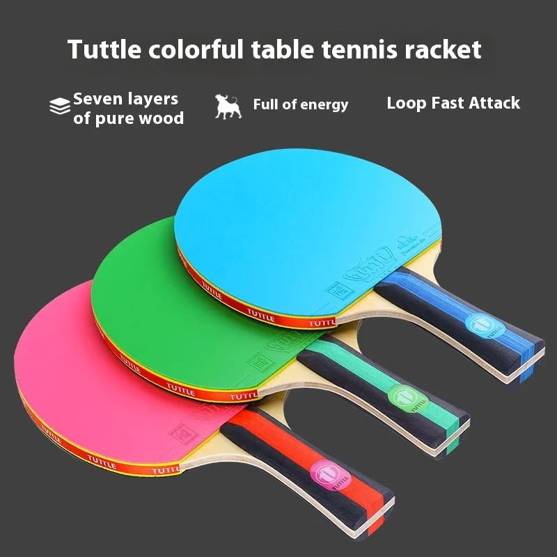 Colourful table tennis racket with pure wood construction and long handle next to matching protective bag