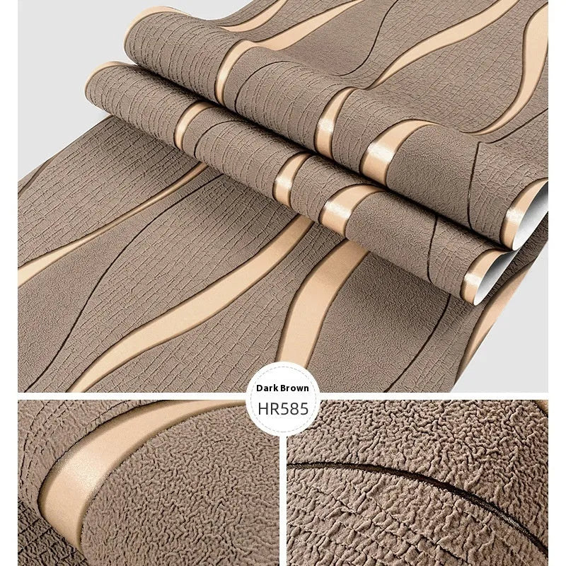 Close-up of light grey 3D curved stripe wallpaper with textured velvet finish.
