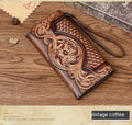Brown tri-fold women's wallet with Chinese floral embossed pattern on cowhide leather.