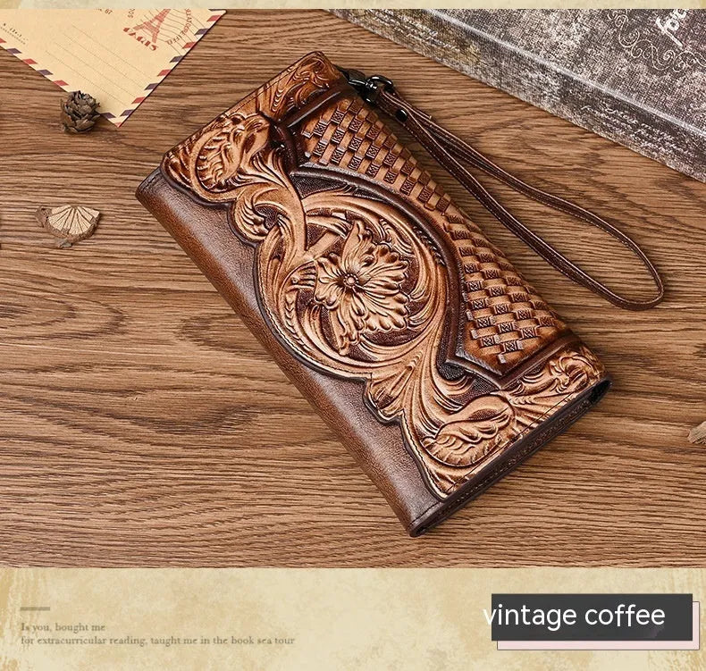 Brown tri-fold women's wallet with Chinese floral embossed pattern on cowhide leather.