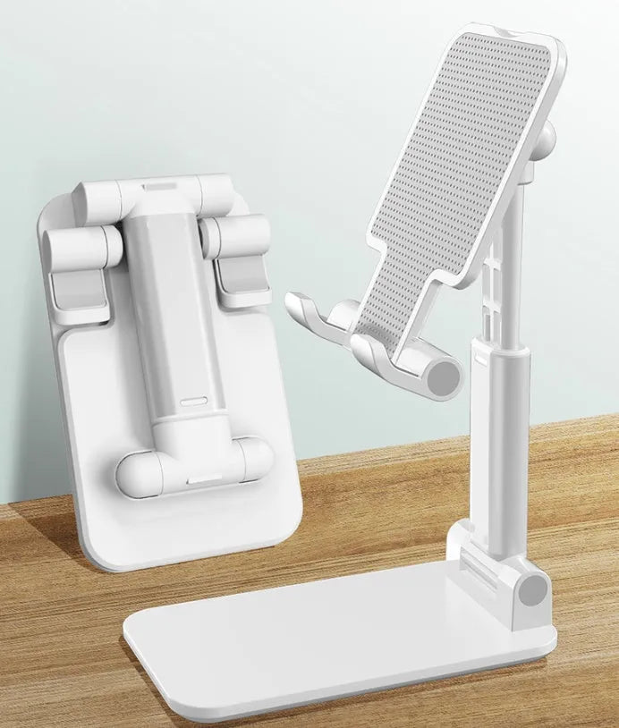 Desktop mobile phone stand with non-slip silicone, PC shell, alloy sheet and alloy support rod, in black or white